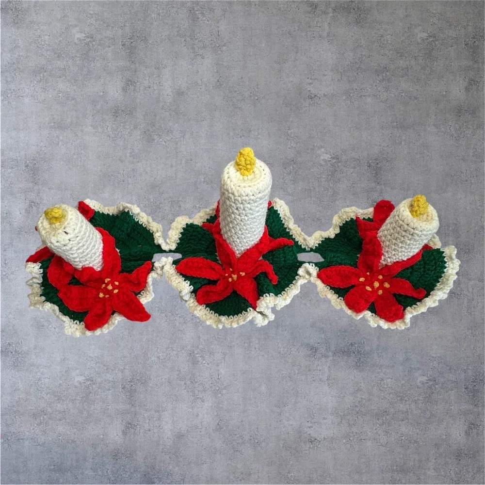 Vtg Retro Handmade Crochet Candle Centerpiece Christmas Poinsettia Holiday Decor